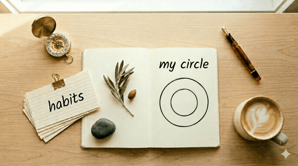 flat lay of The 7 Habits of Highly Effective People by Stephen Covey open with a journal and pen on a warm neutral desk surface