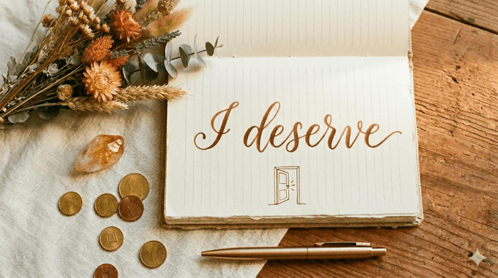 flat lay of an open notebook with notes on money blocks, coins, a pen and crystals on a warm beige surface
