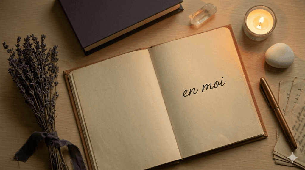 flat lay of Petit traité de la vie intérieure by Frédéric Lenoir with a notebook and crystals on a warm earthy surface