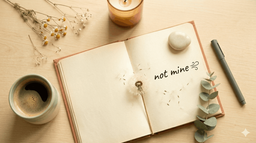 Flat lay of The Let Them Theory by Mel Robbins with a notebook and crystals on a warm neutral surface