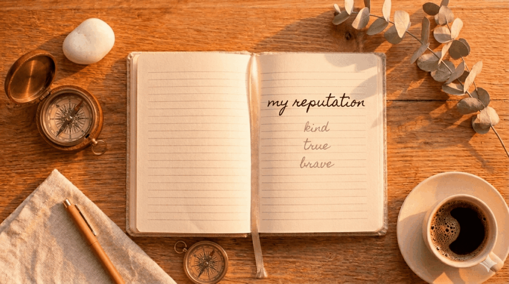 flat lay of a journal open with the words why not me written in handwriting with a pen and crystal on a warm terracotta surface