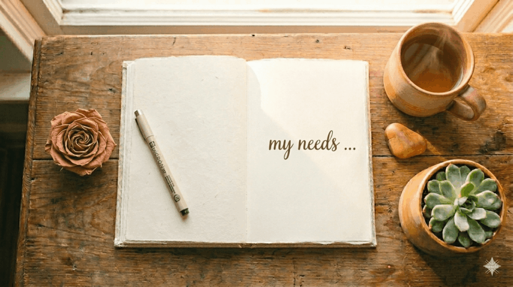 flat lay of Cessez d'être gentil soyez vrai by Thomas d'Ansembourg open with a notebook and pen on a warm linen surface