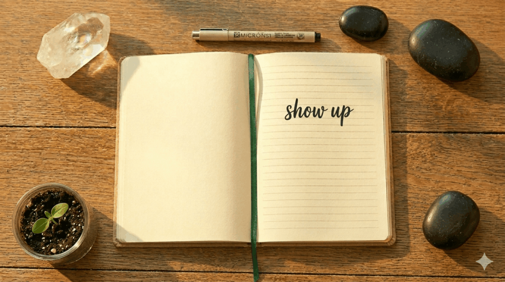 flat lay of Grit by Angela Duckworth open with a notebook and pen on a warm amber surface with morning light
