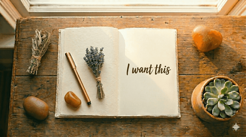 flat lay of a journal open with the words limiting beliefs crossed out written in handwriting with a pen and crystals on a warm terracotta surface