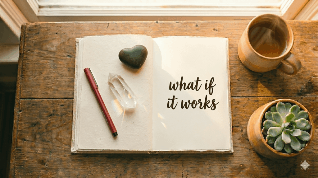 flat lay of a journal open with the words mindset shift written in handwriting with a pen and coffee on a warm sage surface