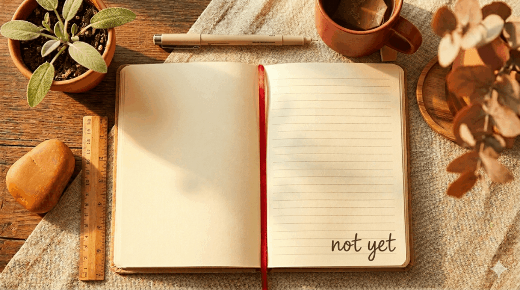 flat lay of Mum What's Wrong with You by Lorraine Candy with a notebook and pen on a warm soft linen surface with morning light