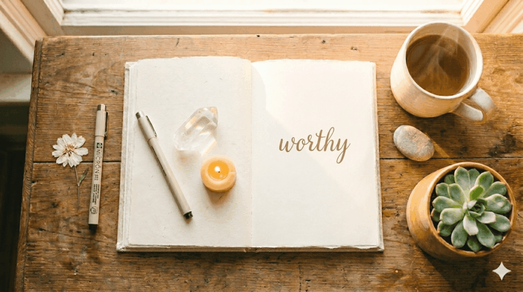 flat lay of The Power of Intention by Wayne Dyer open with a journal and crystals on a warm earthy surface with soft morning light