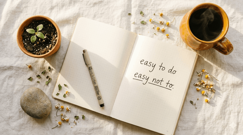 flat lay of The Slight Edge by Jeff Olson open with a notebook and pen on a warm cream surface with a small plant