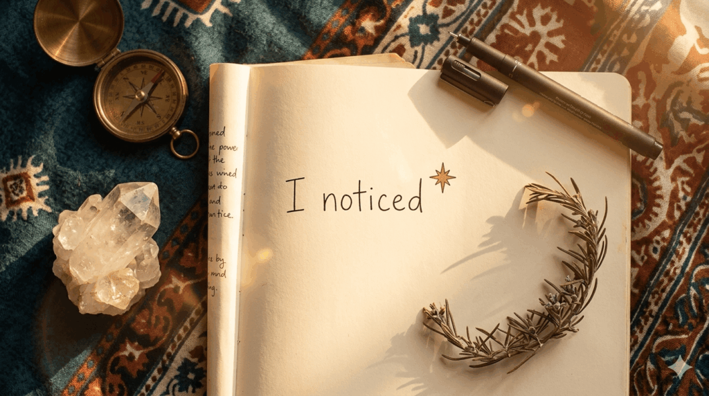 flat lay of a journal open with the word synchronicity written in handwriting with crystals and a pen on a warm amber surface