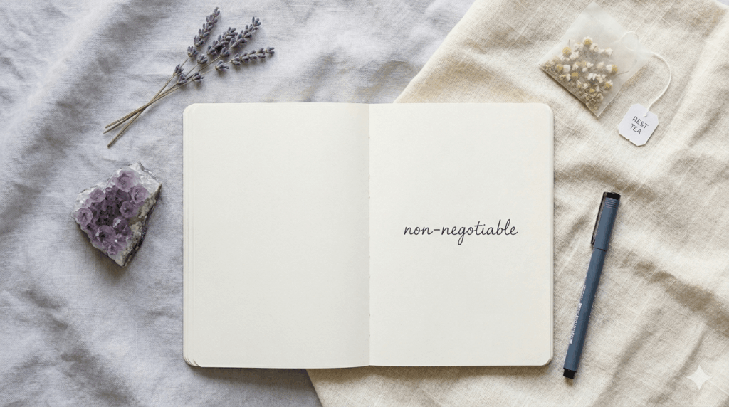 flat lay of Why We Sleep by Matthew Walker open with a notebook and pen on a calm cool-toned surface with soft morning light