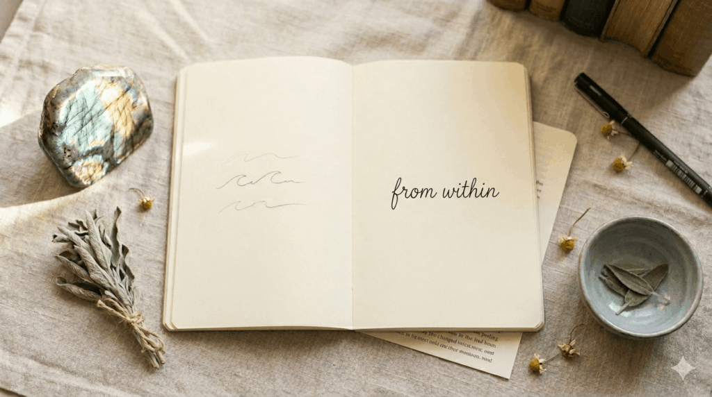 flat lay of À nous la liberté by Christophe André Matthieu Ricard and Alexandre Jollien open with a notebook and pen on a warm sage green surface with dried flowers and soft morning light