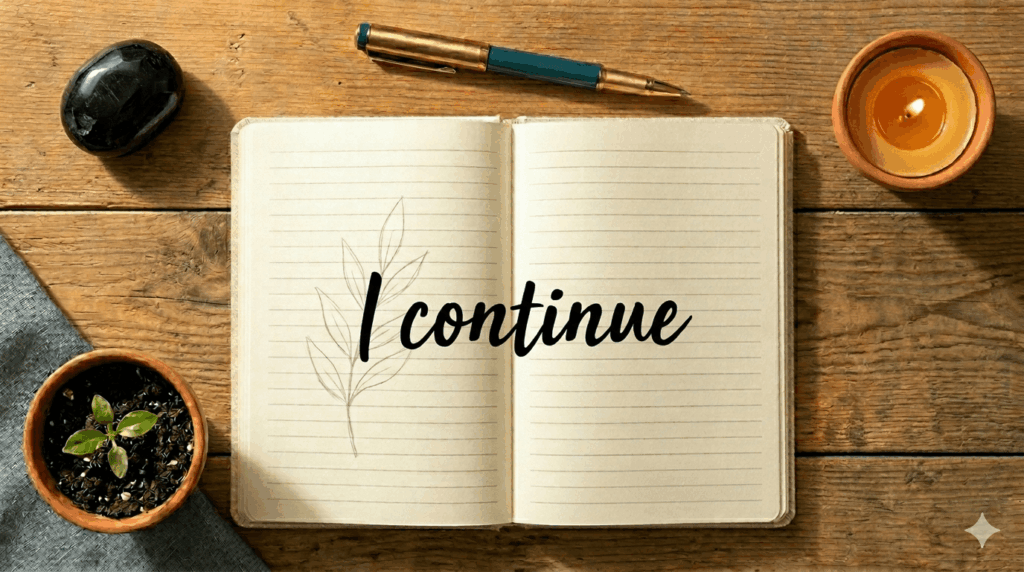 flat lay of a journal open with the word anxiety crossed out and replaced with awareness written in handwriting on a warm terracotta surface with a pen and crystals