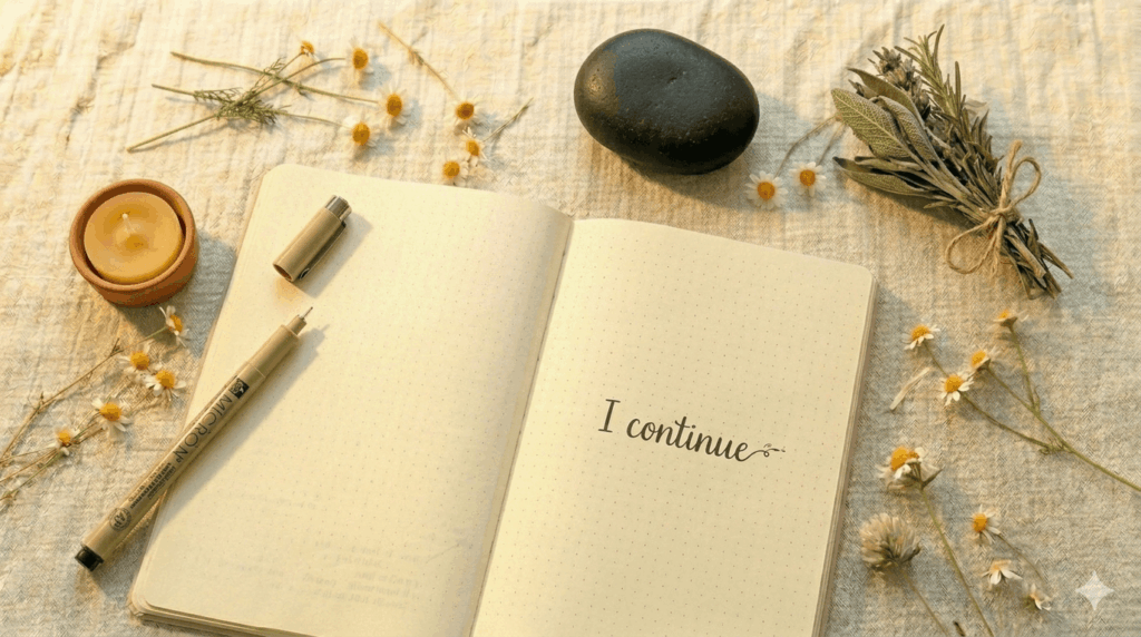 flat lay of a journal open with the word stress crossed out and replaced with story written in handwriting on a warm terracotta surface with a pen and crystals