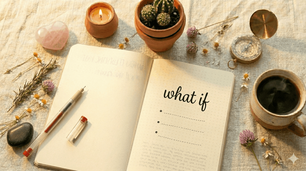 flat lay of a notebook open with design your life planning notes a hand-drawn diagram with a pen compass and small plant on a warm linen surface morning light