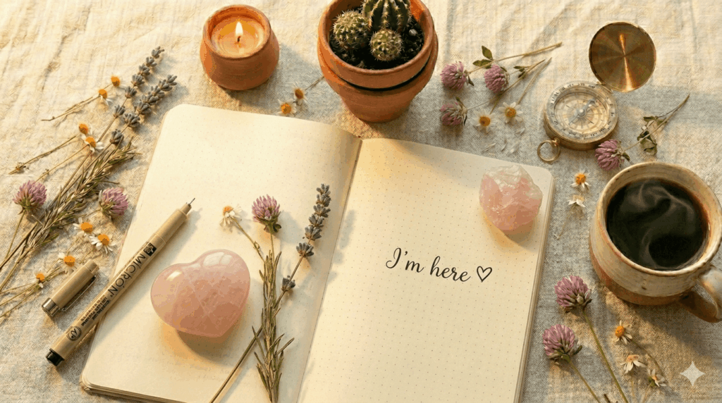 flat lay of a journal open with nvc eft written in handwriting next to a tapping diagram and crystals on a warm terracotta surface with a pen and soft morning light
