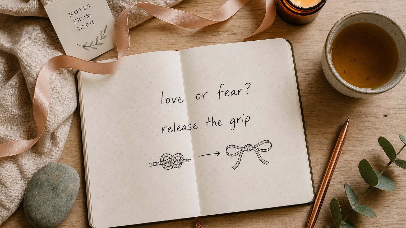 open dotted notebook saying love or fear and release the grip with knot and ribbon drawing