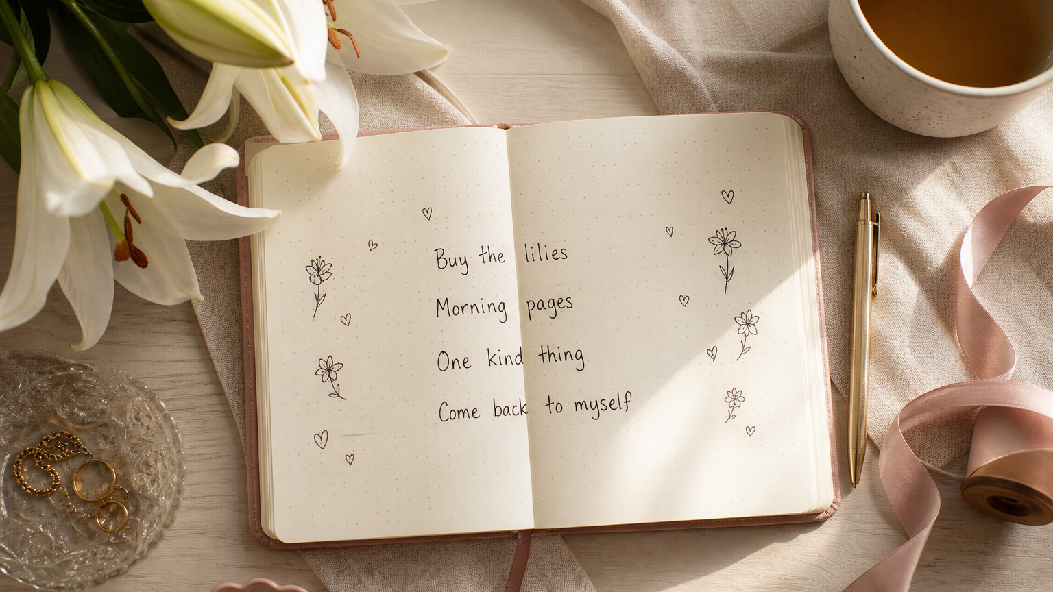 Open notebook with self-care notes and lilies for Buy Yourself the Fucking Lilies