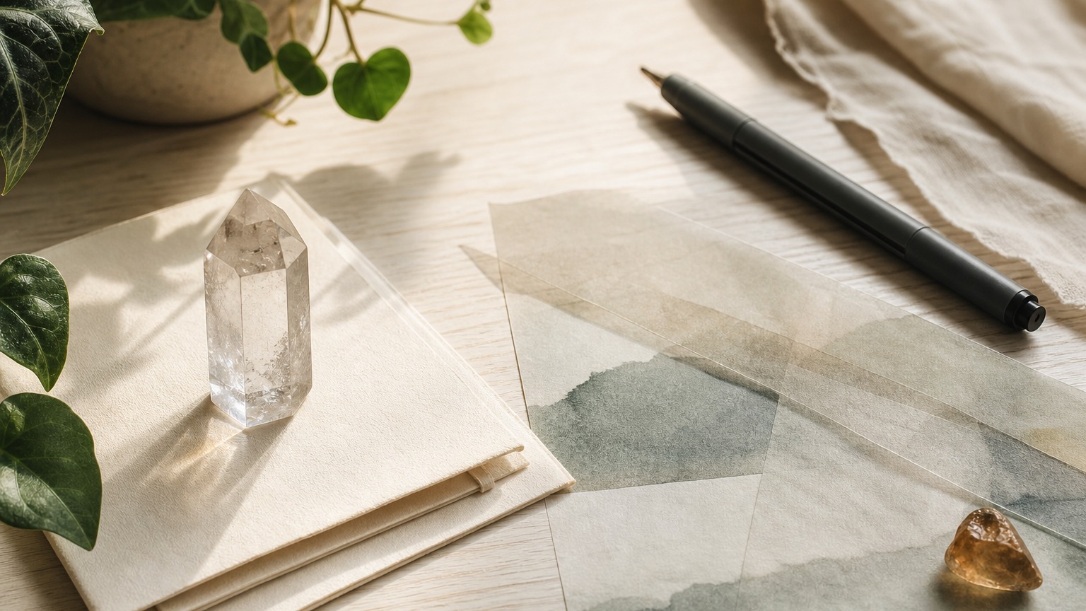 Warm flat lay with clear quartz, plant and layered papers for notes on changing paradigms and hidden patterns.