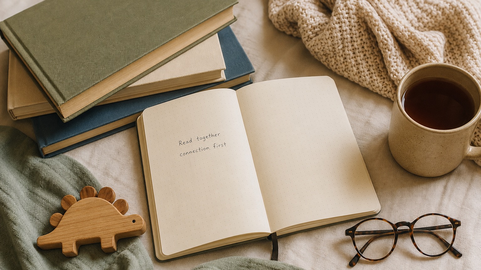 open dotted notebook saying read together and connection first beside books, glasses and a wooden toy