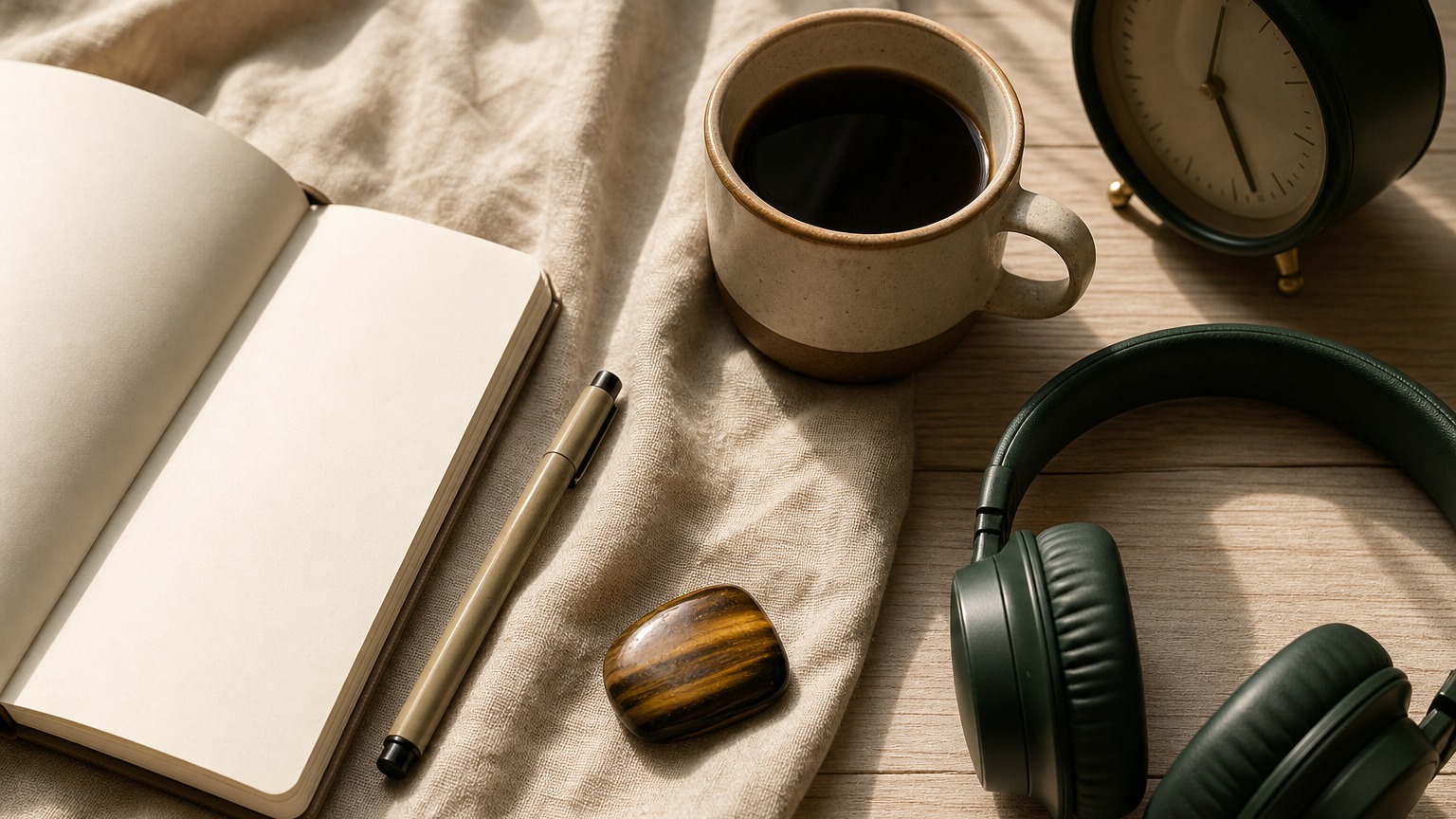 How to Get Ahead Mel Robbins — purposeful flat lay with coffee, notebook, alarm clock, headphones and tiger eye for action and consistency.
