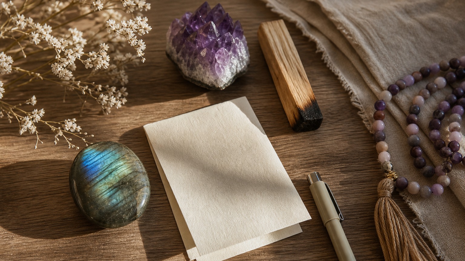 Spiritual flat lay with crystals, Palo Santo, prayer beads and dried flowers for practical notes on Karma Sutra by Ingori.