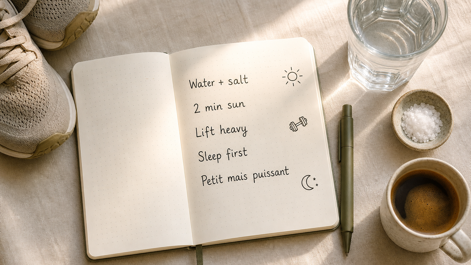 La Routine des Audacieux morning routine notes with water, coffee and a book