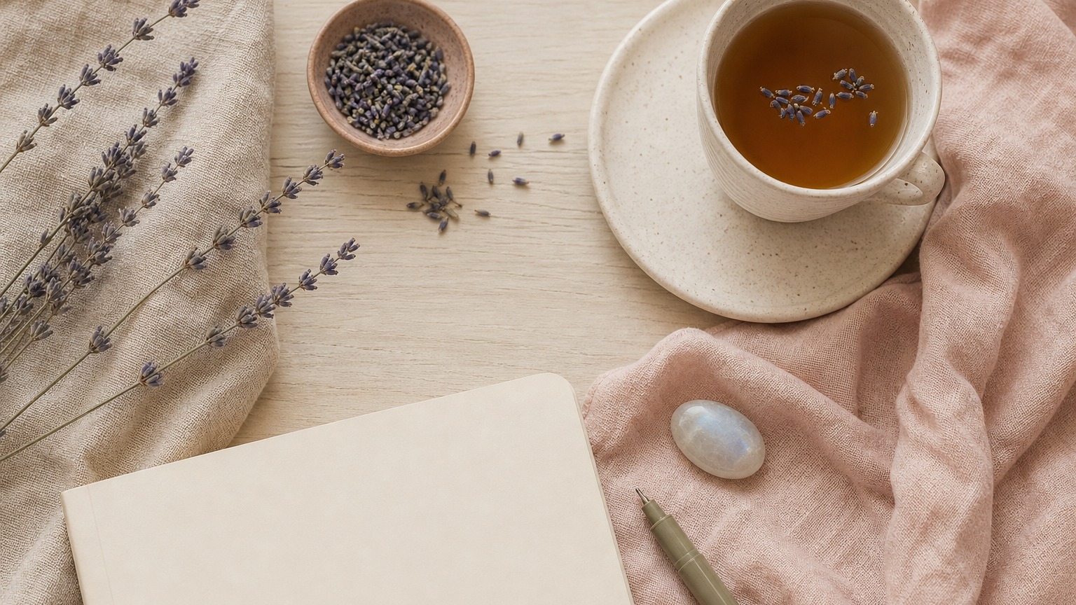 Warm women’s health flat lay with lavender, herbal tea, moonstone and blank notebook for notes on Menopausing.