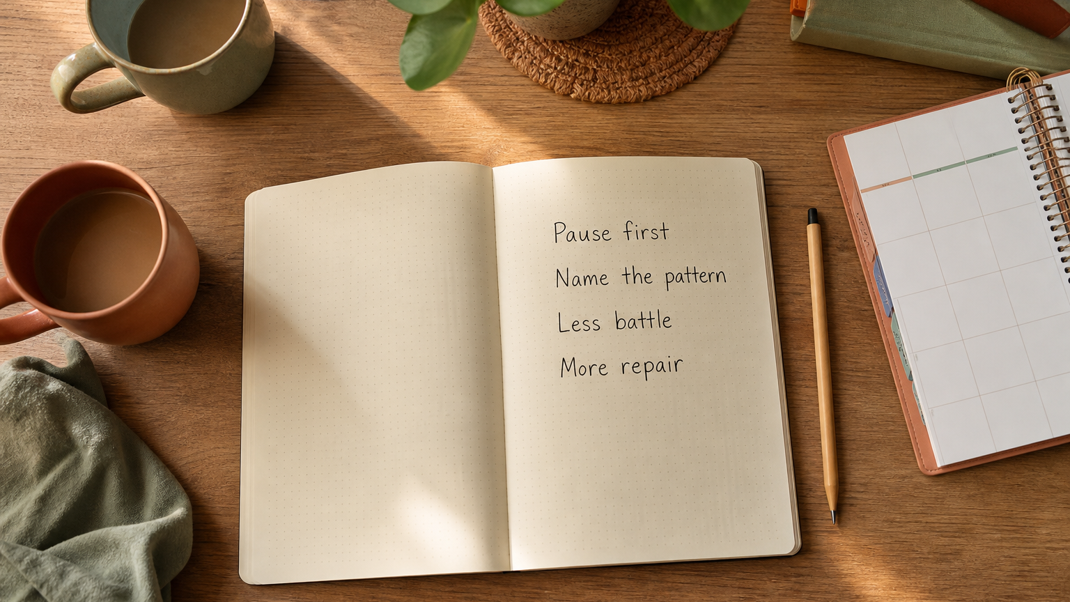 Open notebook with gentle parenting notes for Mon ado, ma bataille