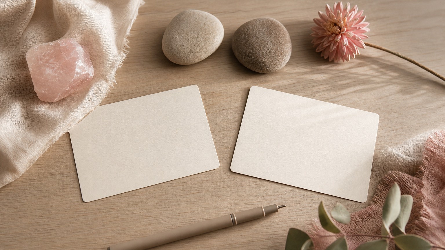 Warm relationship flat lay with two stones, rose quartz and blank cards for notes on listening and understanding each other.