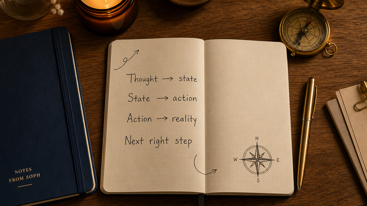 warm notebook scene with three columns titled Thought, State, Action, beside a pen and cup of tea, soft natural light, calm Notes from Soph aesthetic