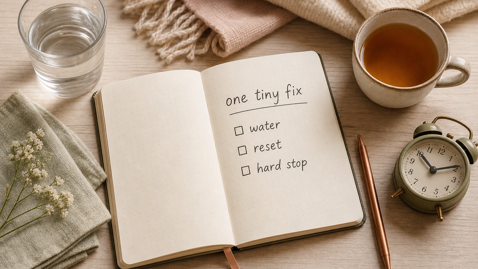 open dotted planner with one tiny fix checklist for water, reset and hard stop