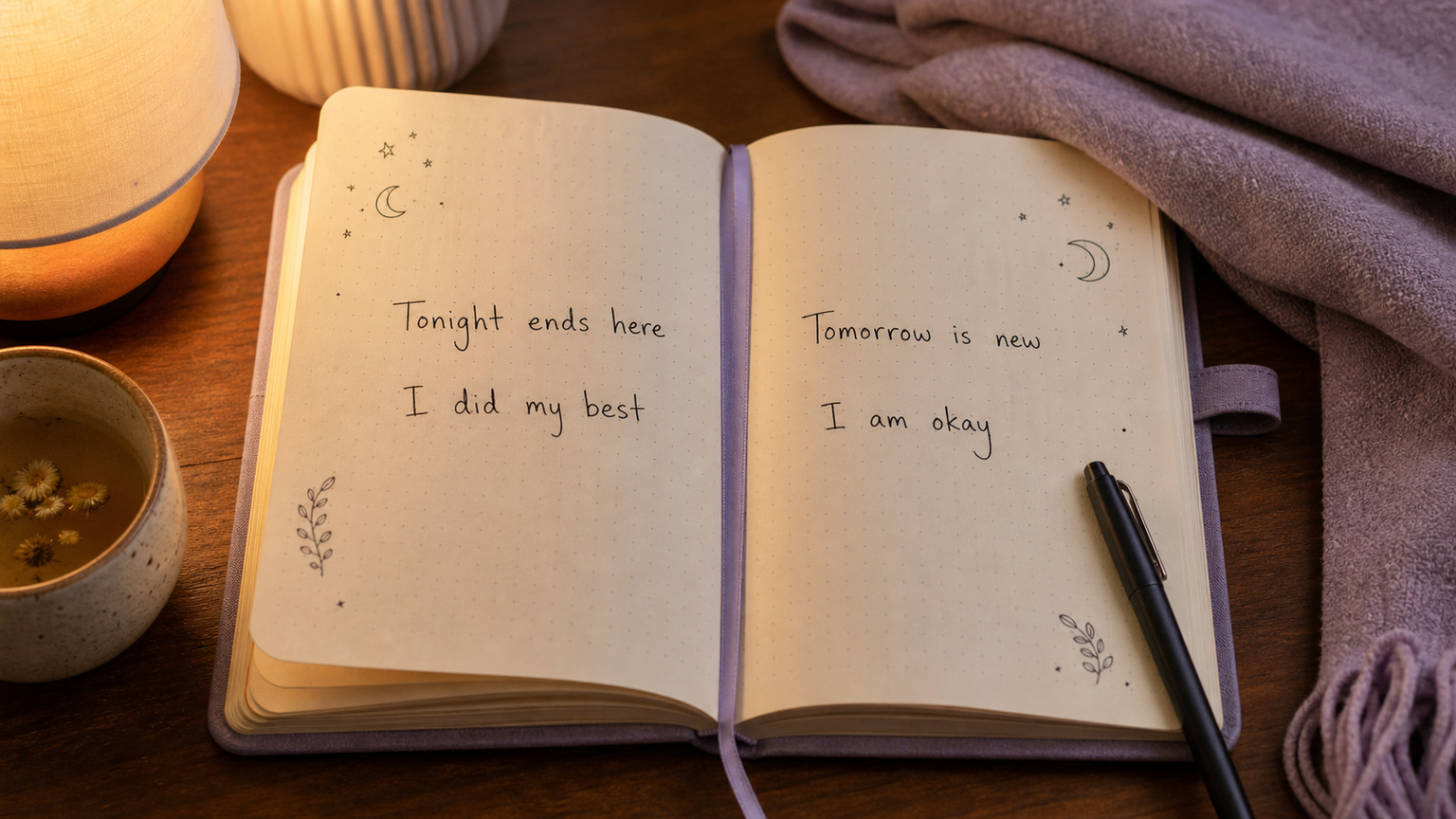 Dotted-grid bedtime journal with things to tell yourself every night before sleep.