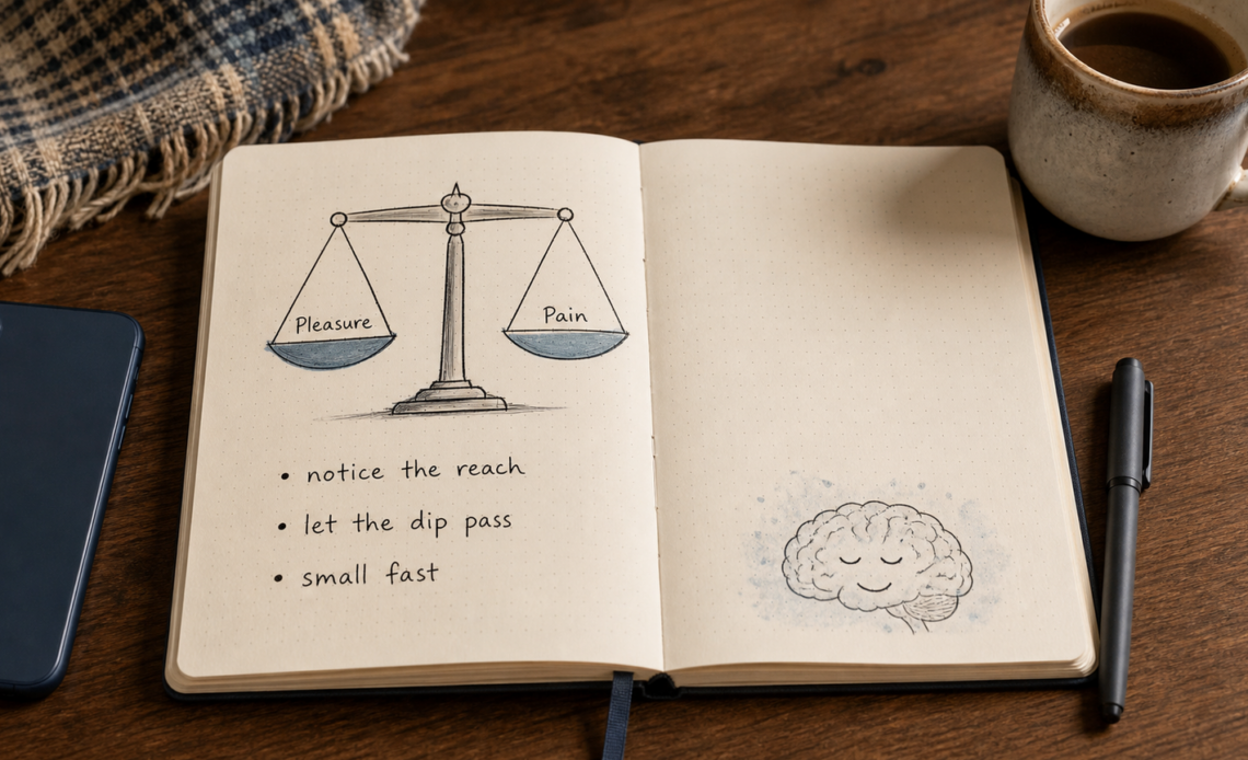 Dotted-grid journal with Anna Lembke self control notes about dopamine balance, pleasure and cravings.