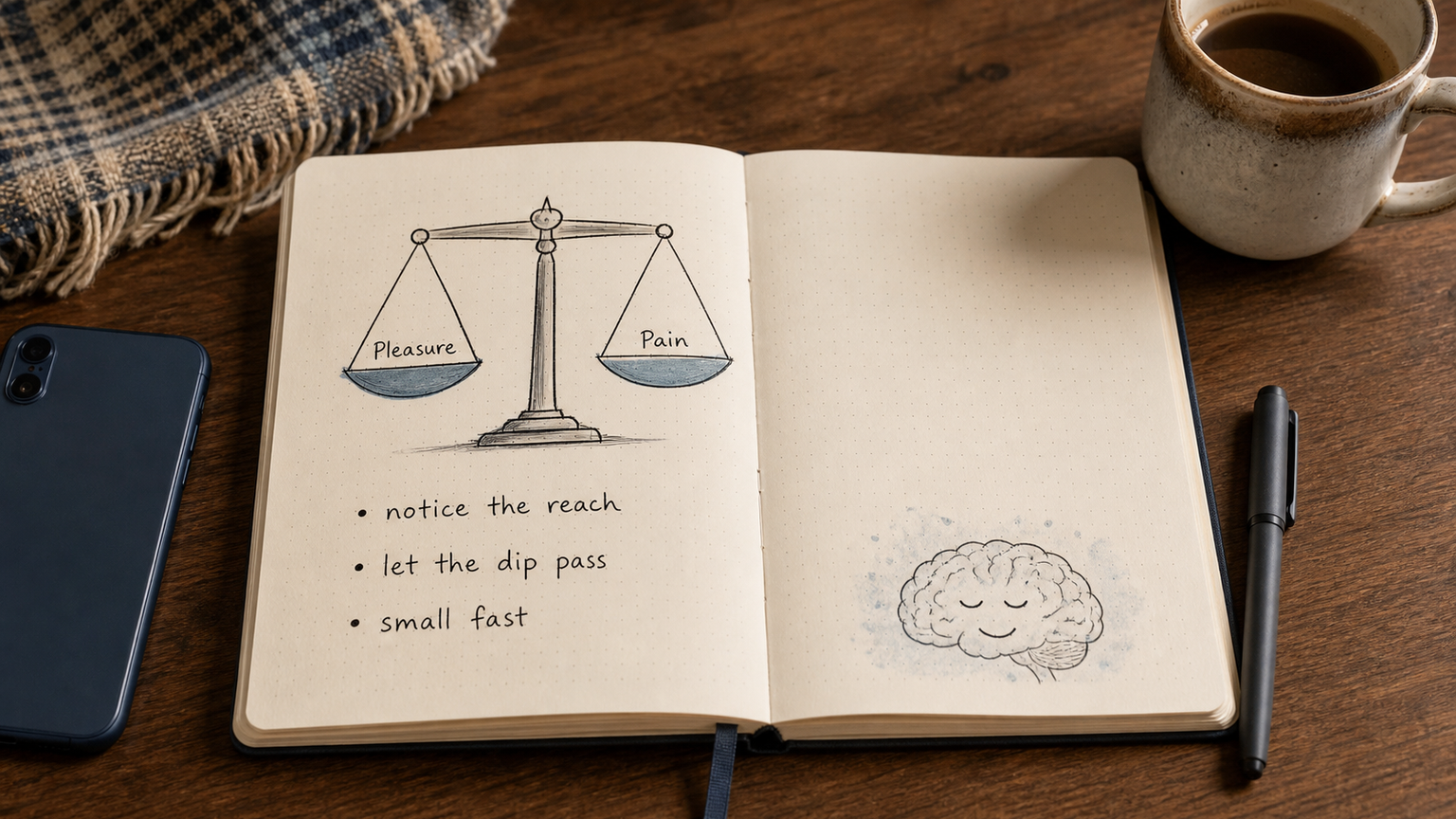 Dotted-grid journal with Anna Lembke self control notes about dopamine balance, pleasure and cravings.