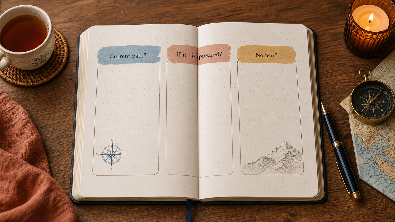 Open dotted-grid journal with Mel Robbins what you really want questions for life direction.