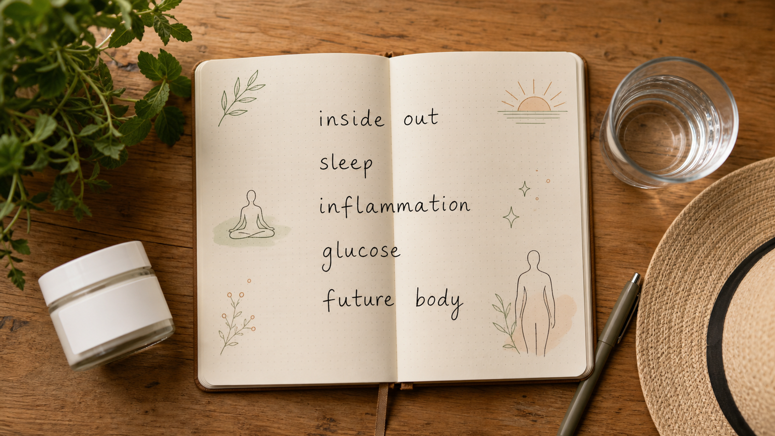 Dotted-grid longevity journal with Guénolé Addor anti-aging notes about sleep, glucose and inflammation.