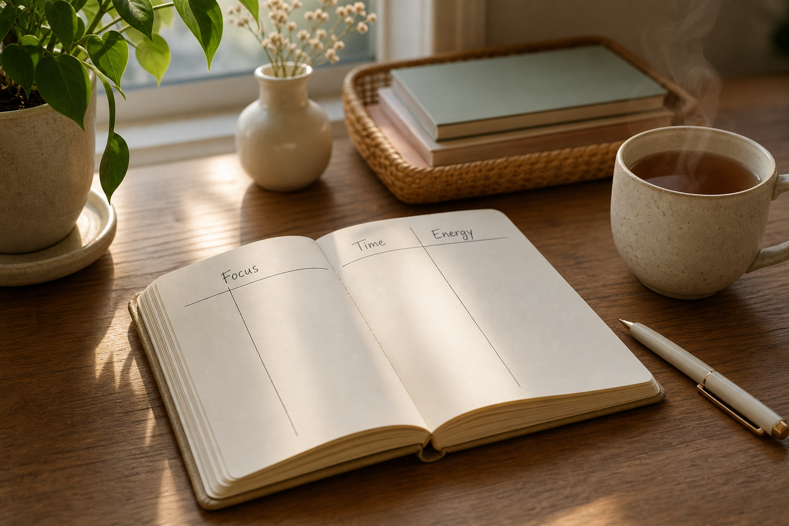 Cal Newport productivity notebook with Focus, Time and Energy columns for getting things done without losing yourself.
