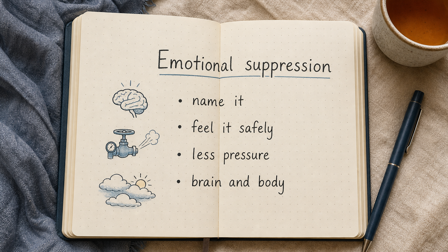 Emotional suppression notebook with notes to name feelings, feel them safely and release pressure from brain and body
