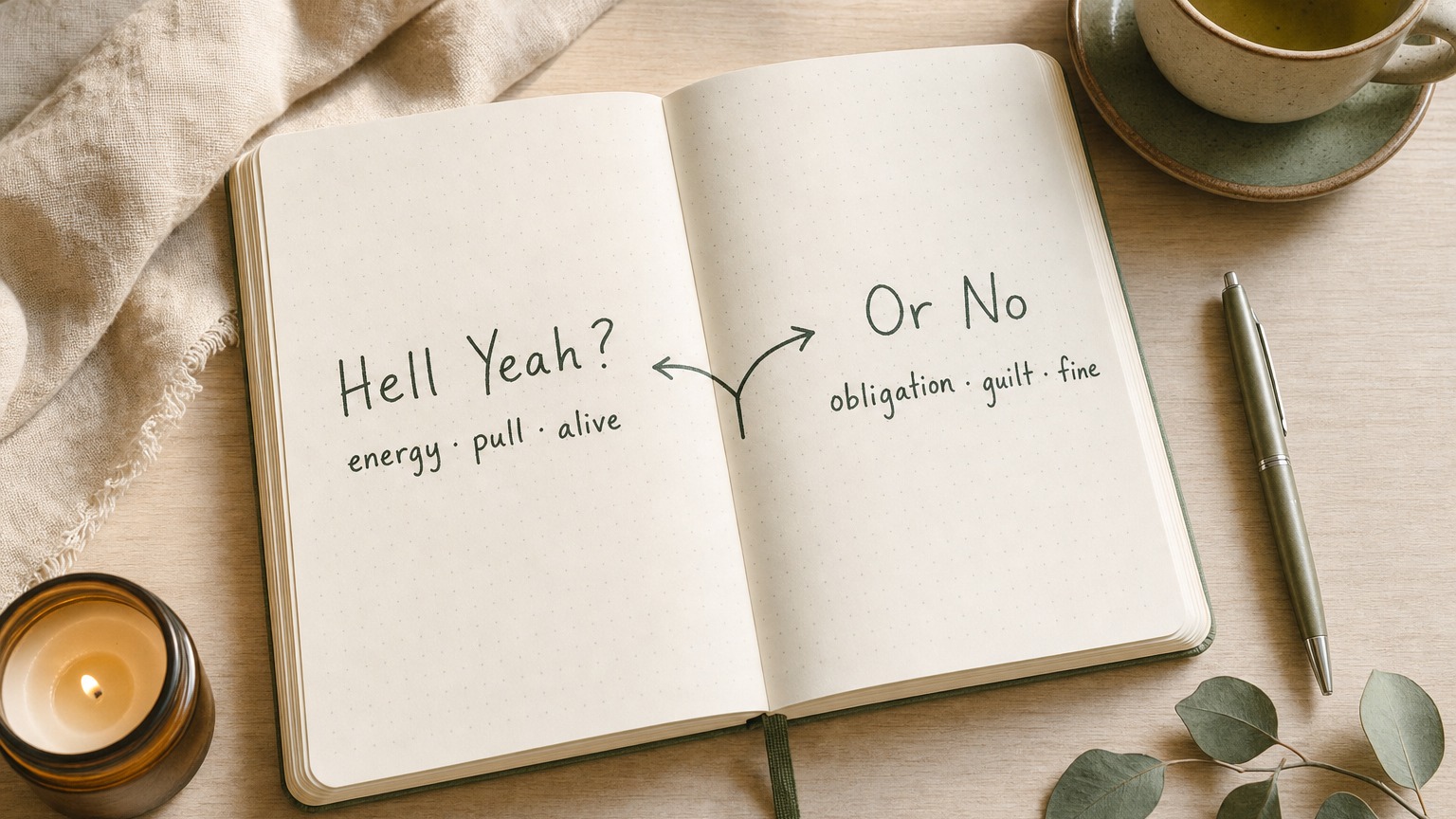 open dotted notebook with a visible spine showing the Hell Yeah or No decision filter for Derek Sivers blog notes