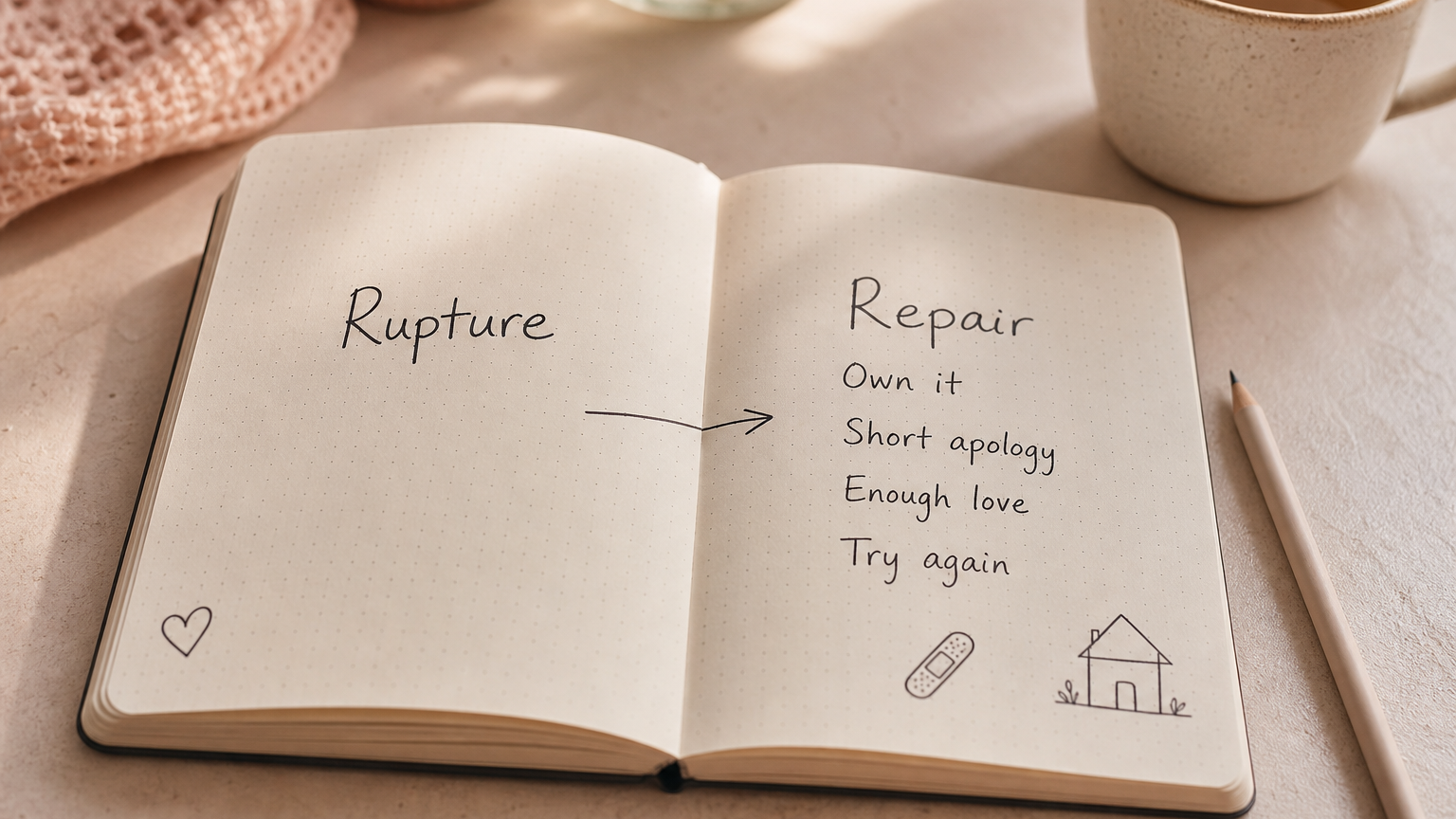 Parenting mistakes title-card notebook about repair, enough love and children as people