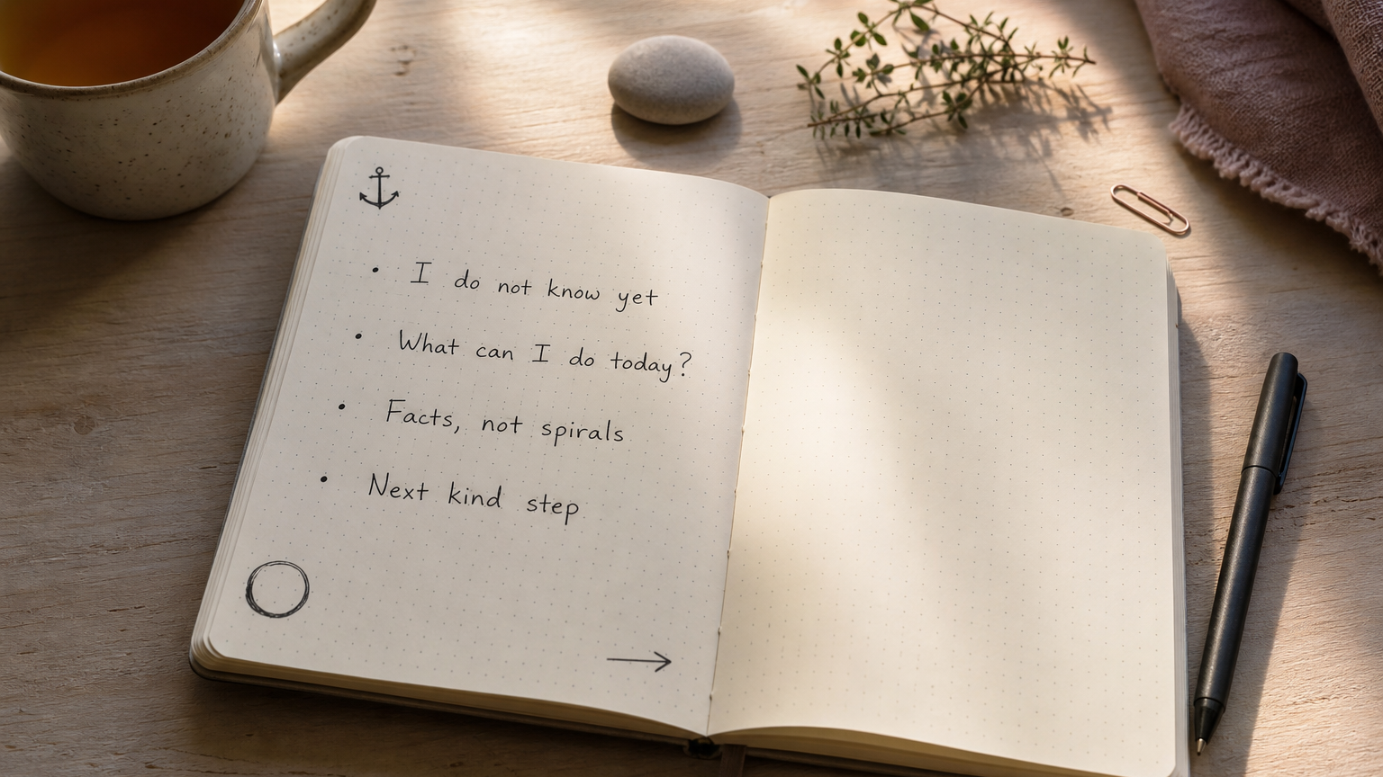 Uncertainty and stress title-card notebook with practical calming steps