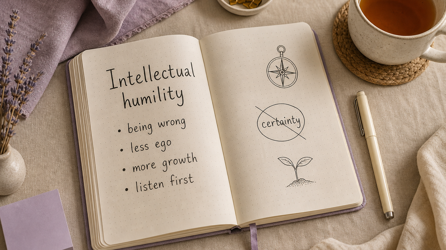 Intellectual humility notebook with notes on being wrong, less ego, more growth and listening first