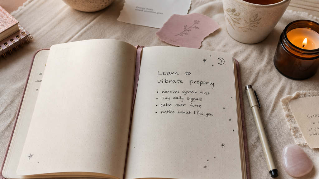 Open dotted-grid notebook with handwritten notes about how to vibrate correctly after David Bayer’s episode.