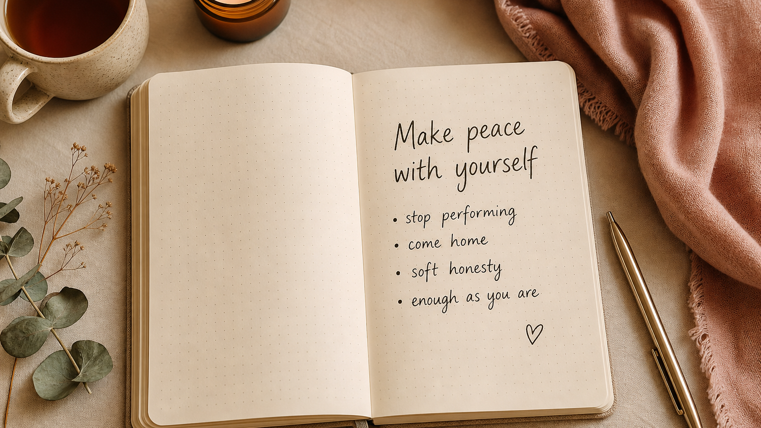Make peace with yourself notebook with self-acceptance notes about performing, coming home and enoughness