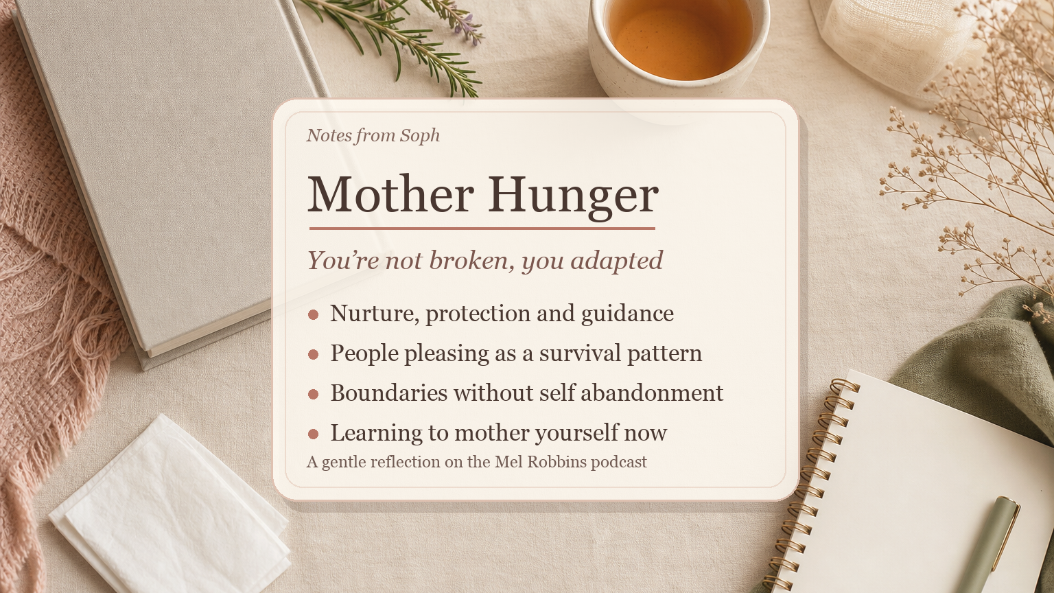 Mother Hunger title card with gentle notes on nurture, protection, guidance and self-mothering