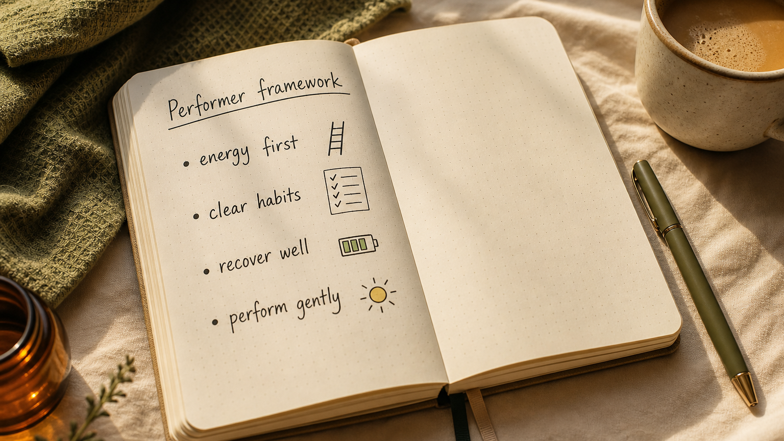 Performer framework notebook with notes on energy first, clear habits, recovery and gentle performance
