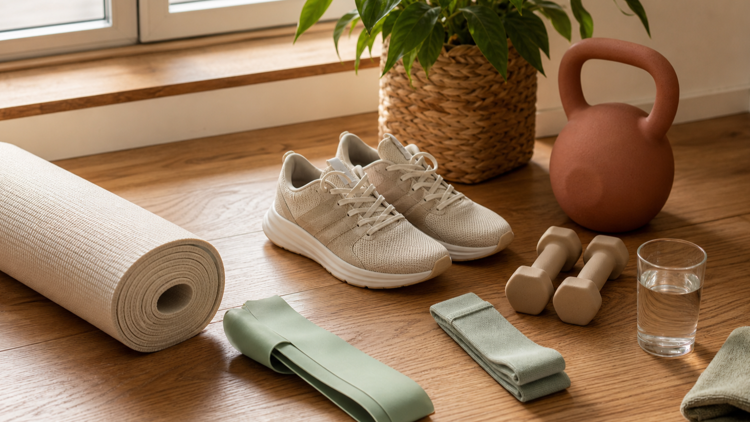 Warm home training corner with exercise mat, walking shoes, resistance band, dumbbells, kettlebell and water glass for Rudy Coia longevity training.