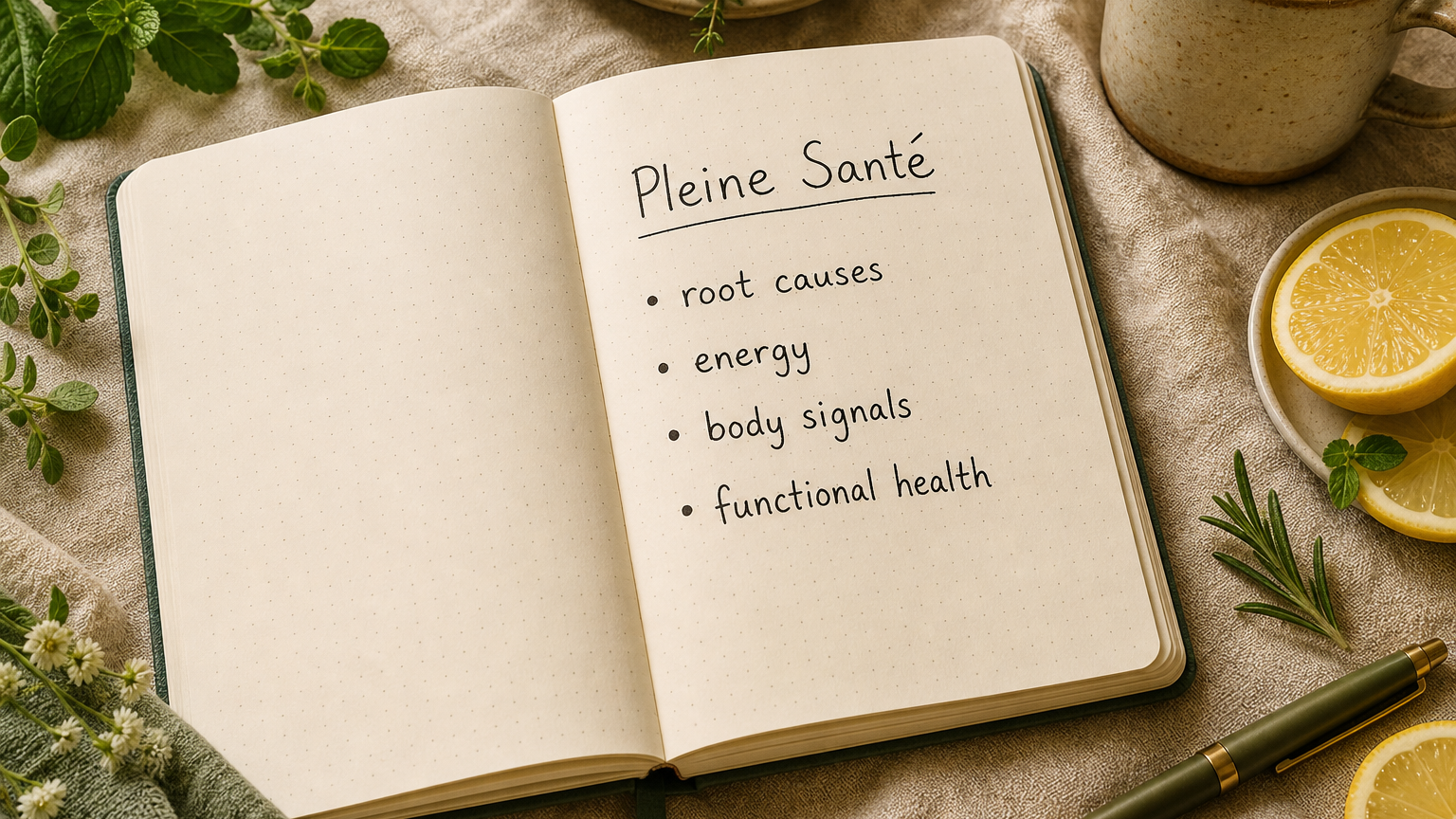 Pleine Santé notebook with notes on root causes, energy, body signals and functional health