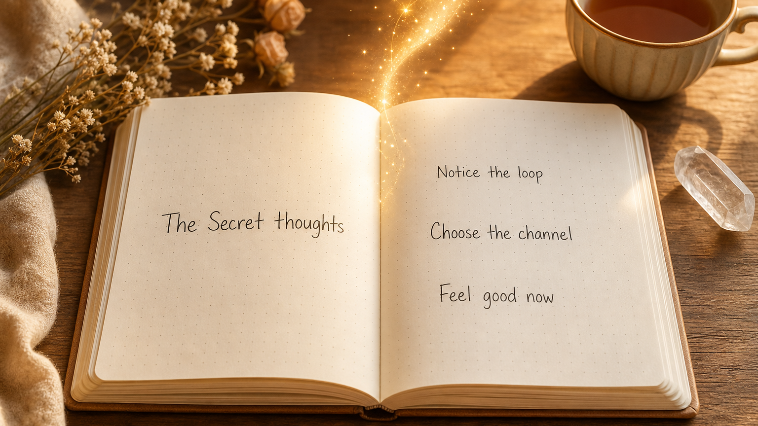 The Secret thoughts dotted bullet journal with reminders to notice the loop, choose the channel and feel good now.