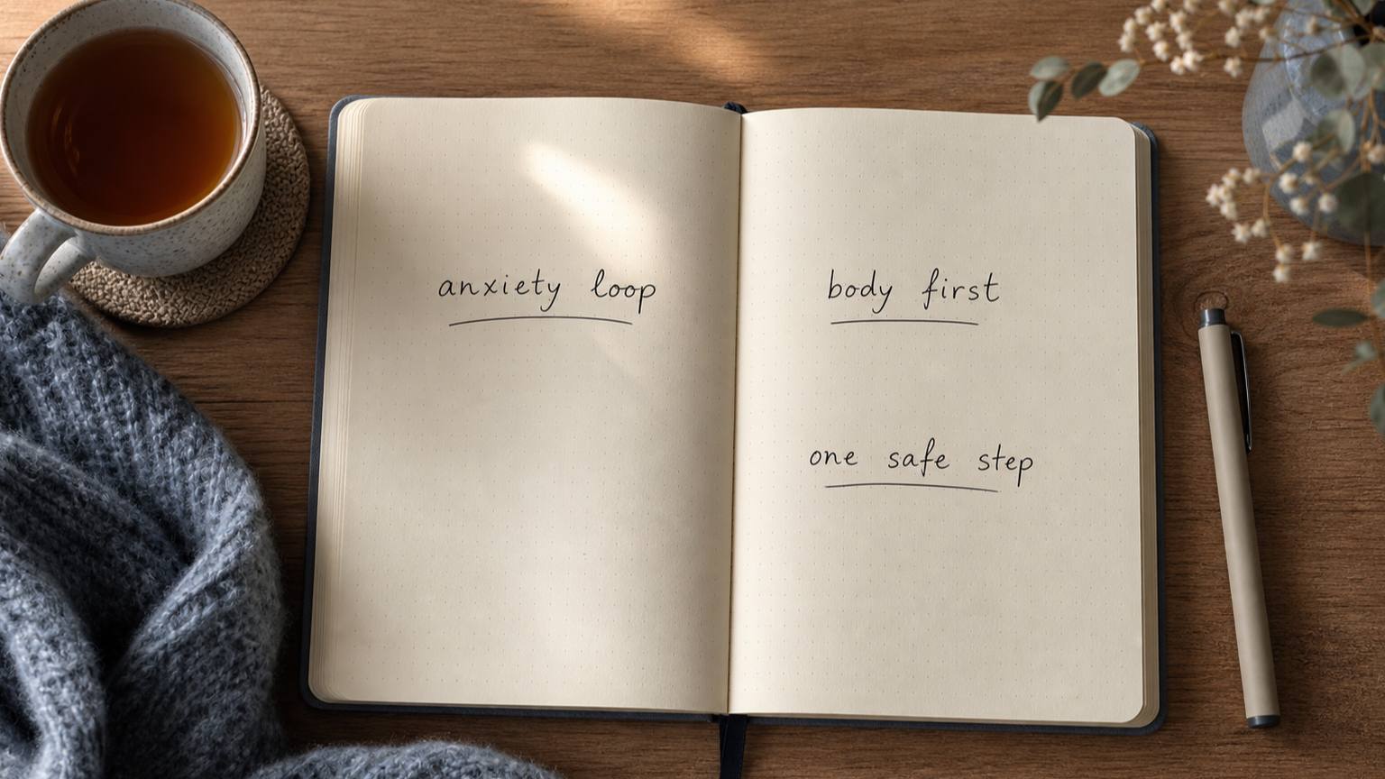 Addicted to anxiety notebook image showing anxiety loop, body first and one safe step